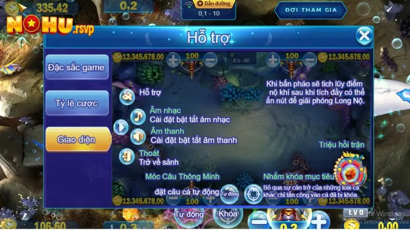 Giao diện màn hình trong một trận Bắn Cá Thần Rồng 
